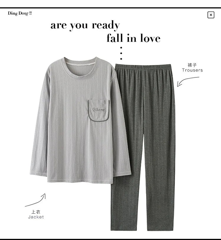 Herrpyjamas i 100% Bomull – 2-delad Set – Patchwork Design – Långärmad & Byxor – Vår/Höst/Vinter
