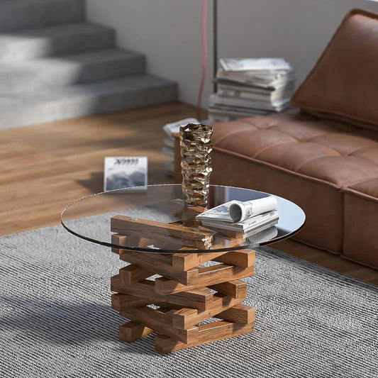 Vintage Soffbord med Glasskiva – Rund Nordisk Design i Massivt Trä