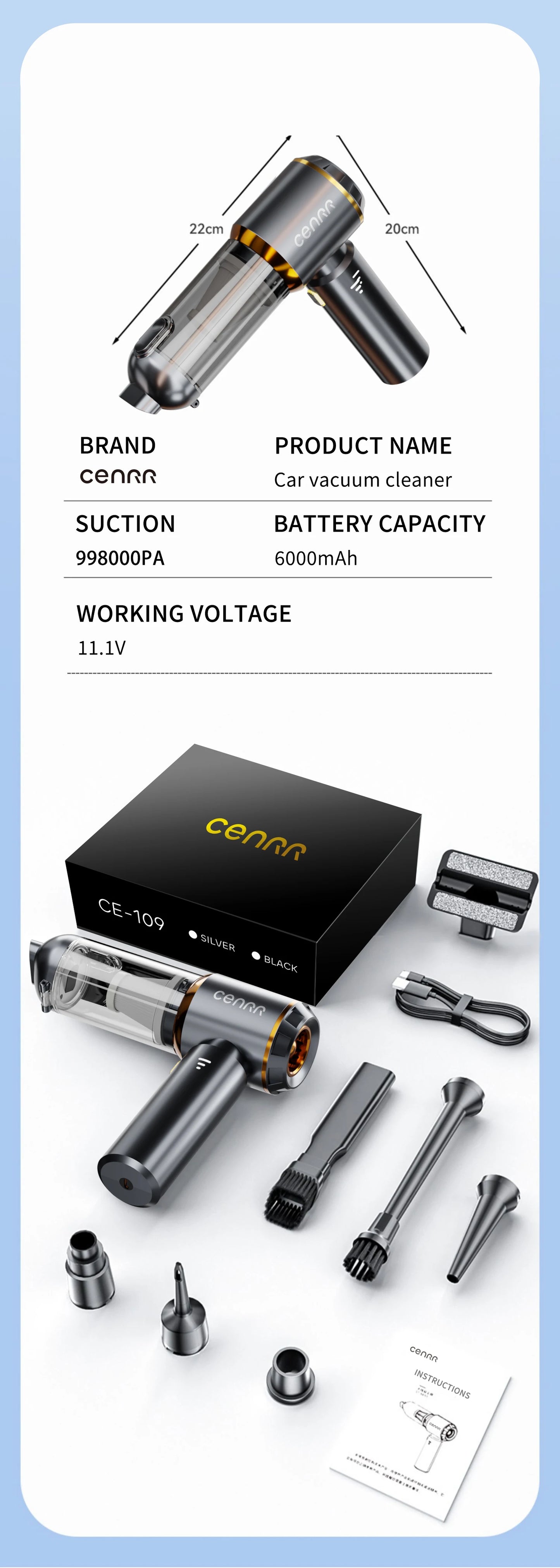 CENRR Pro Max Trådlös Dammsugare – 998000PA, 3×2000mAh, Blås & Sug