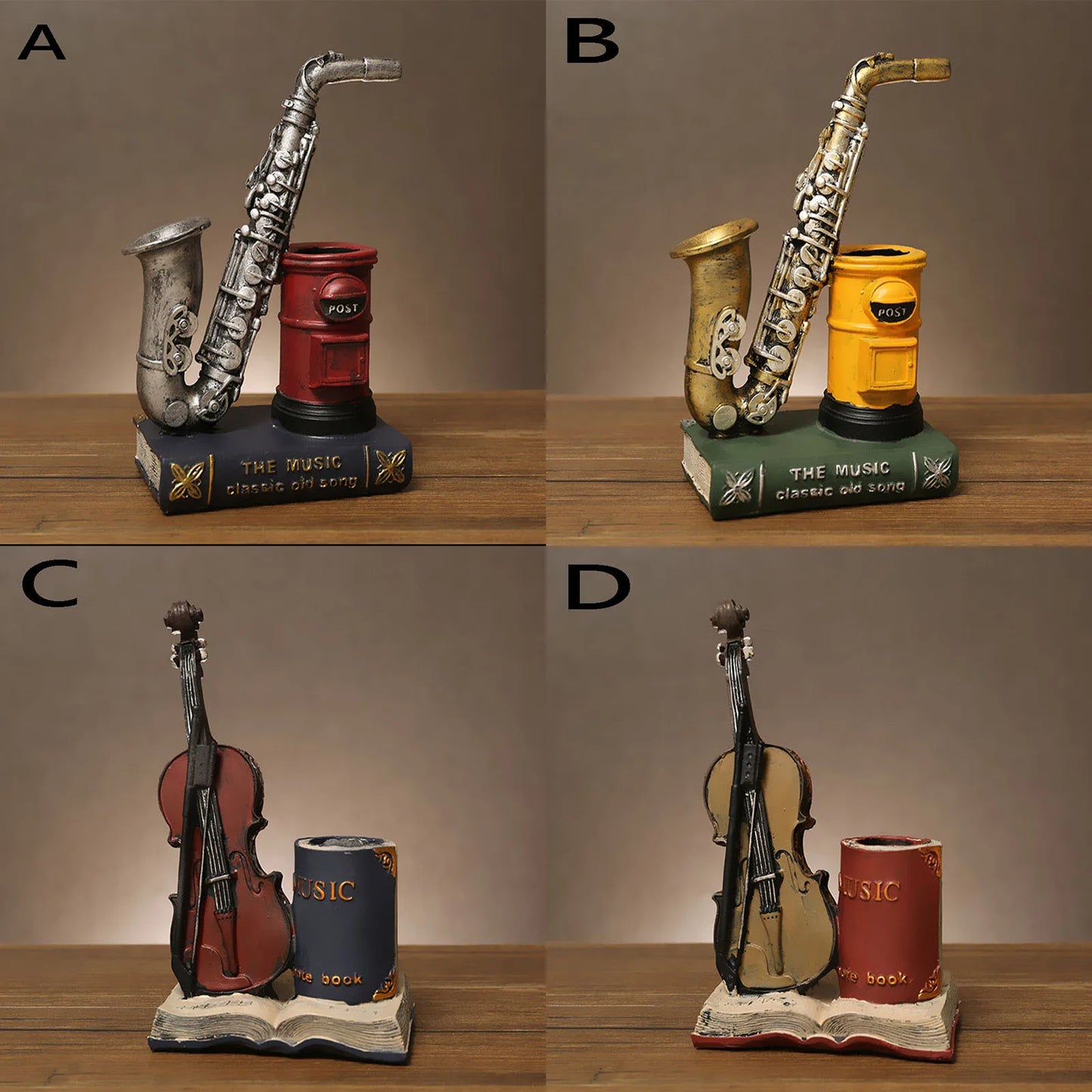 Konstnärlig Pennhållare i Resin – Saxofon & Fiol Design – För Hem & Kontor