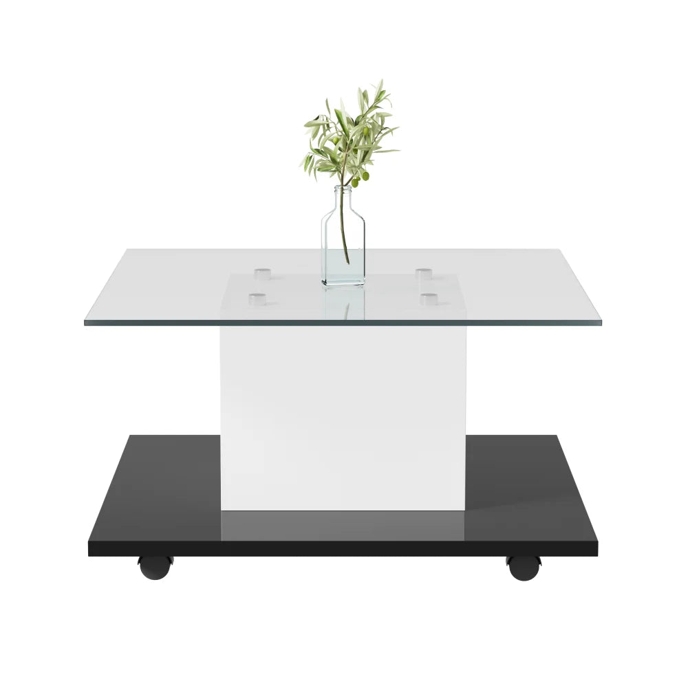 Modern Mobil Kaffebord med LED – Högblank Glasdesign – Svart & Vit – För Vardagsrum