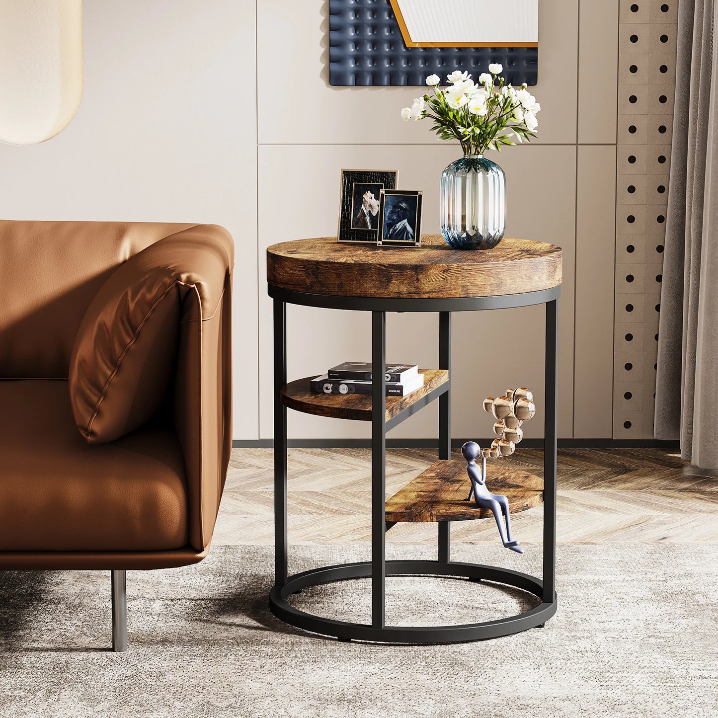 Tribesigns Rund Sidobord med 3 Hyllor – Industriell Design – För Små Utrymmen