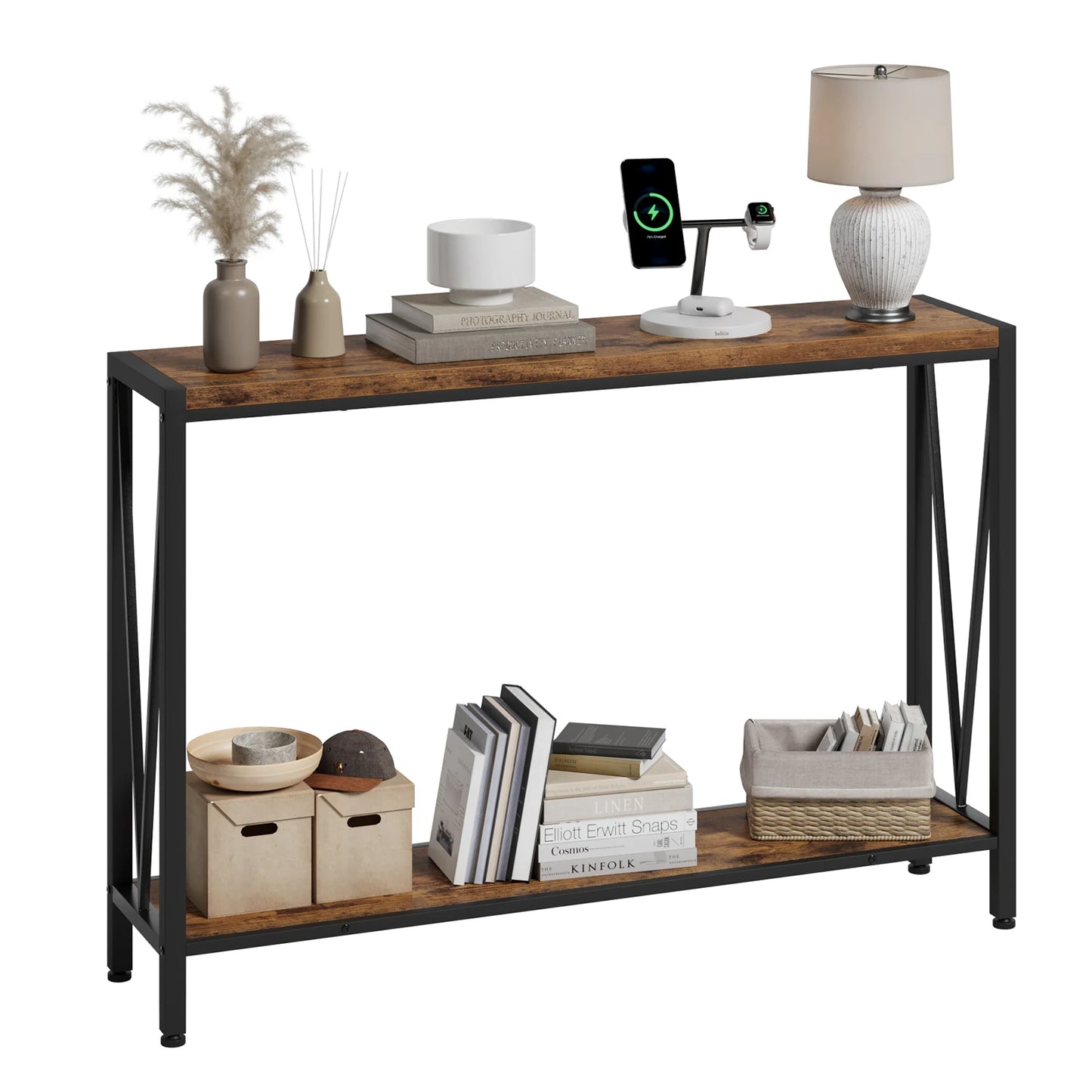 2-Vånings Konsolbord – Smal Design med V-Stöd – 109×25×76 cm – Svart / Retro
