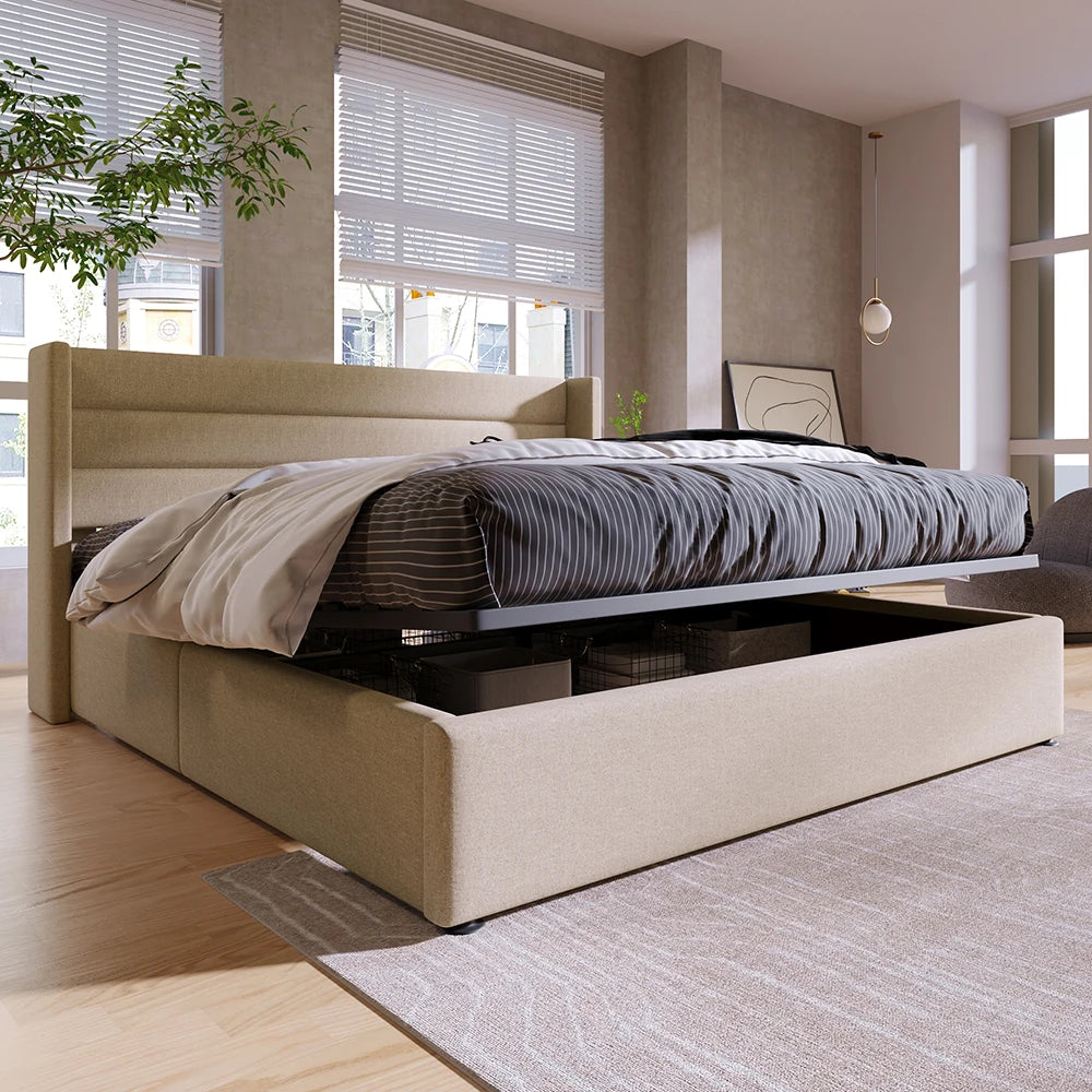 KOMHTOM Förvaringssäng 140×200 cm – Beige Linne