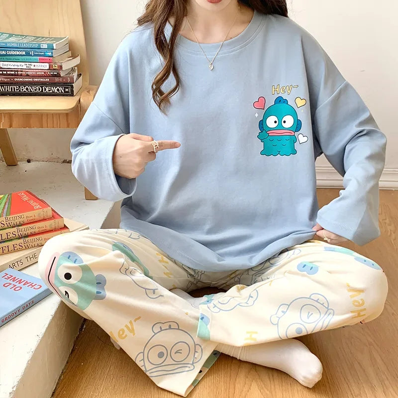 🛌 100% Kammad Bomull Pyjamas för Kvinnor – Höst/Vinter – Söt Tecknad Design – Långärmad & Långbyxor