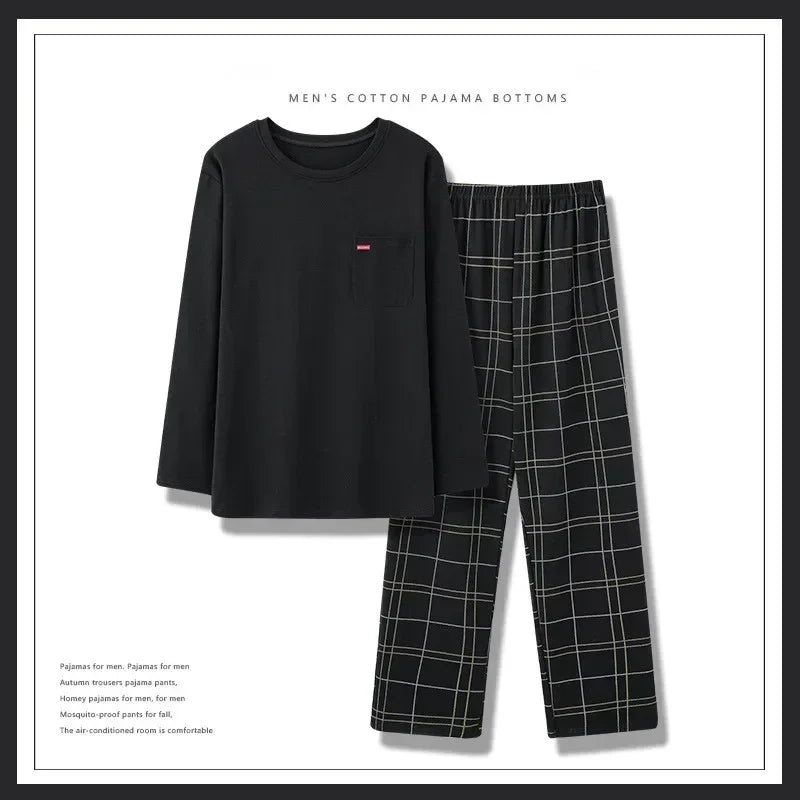 Herrpyjamas i 100% Bomull – 2-delad Set – Patchwork Design – Långärmad & Byxor – Vår/Höst/Vinter