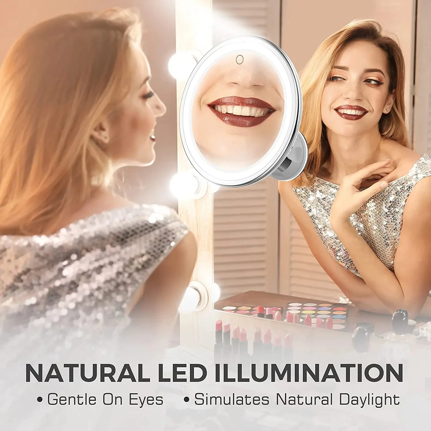 Sminkspegel med LED-ljus & 10x Förstoring – Touchskärm & Sugpropp | Portabel Design