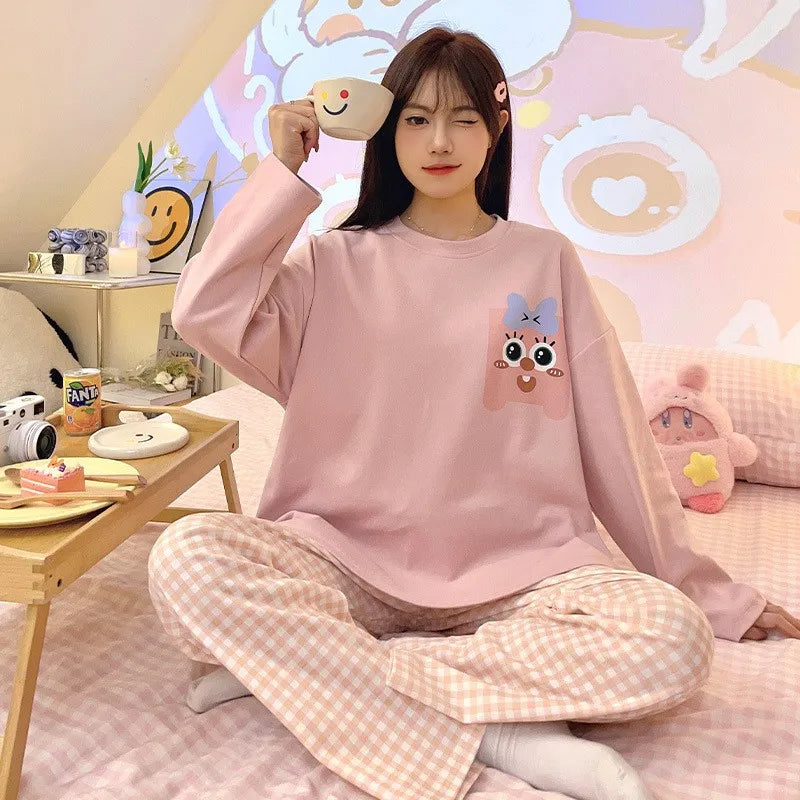 🛌 100% Kammad Bomull Pyjamas för Kvinnor – Höst/Vinter – Söt Tecknad Design – Långärmad & Långbyxor