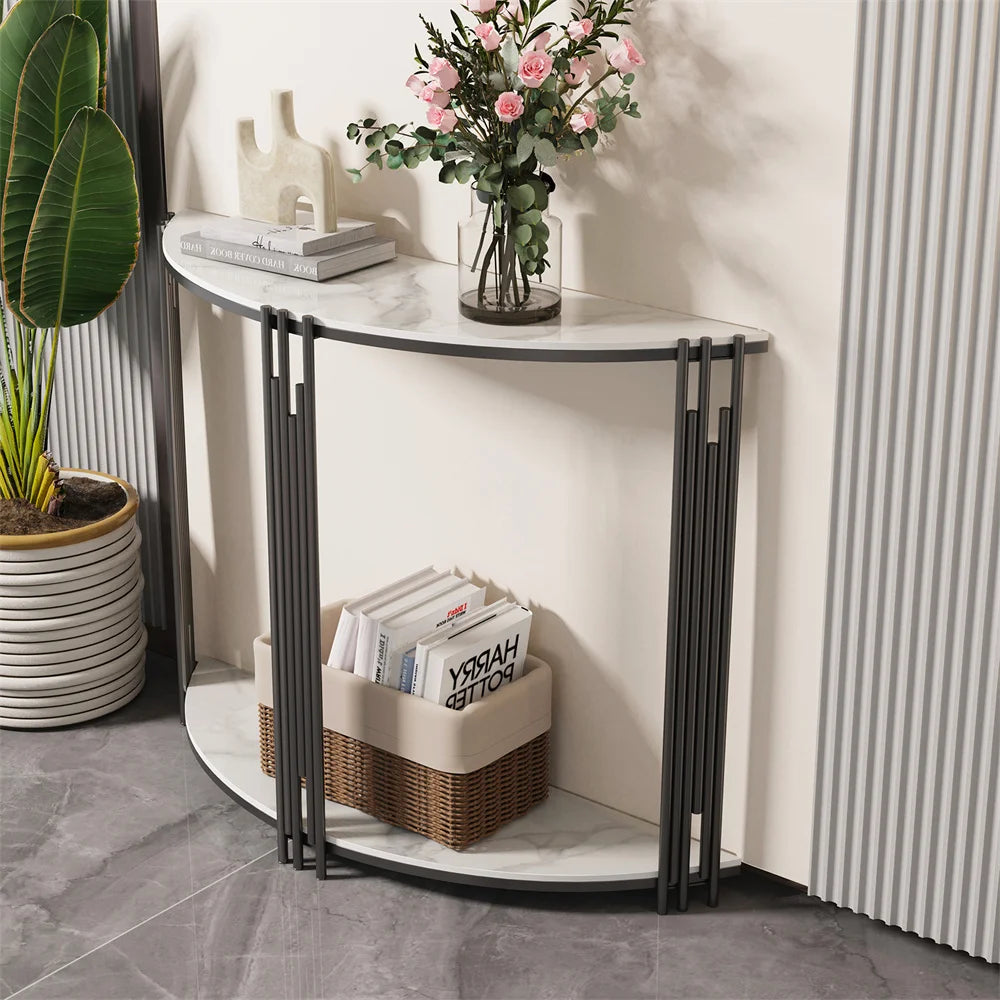 LUVODI Halvmåne Konsolbord – Sintersten & Metall – 100×78 cm – Vit & Svart