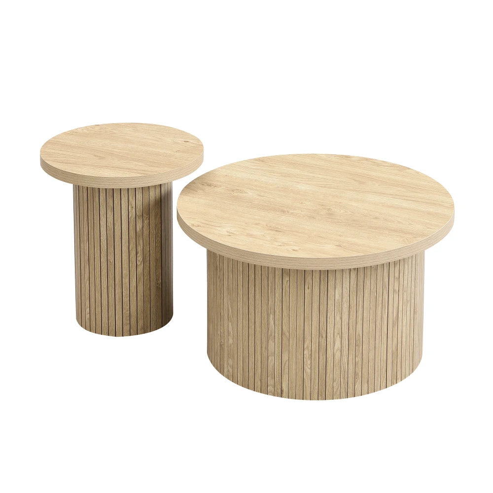 2-delat Runt Soffbordset – Naturlig Trälook – 66 & 40 cm – Modern & Rustik Design