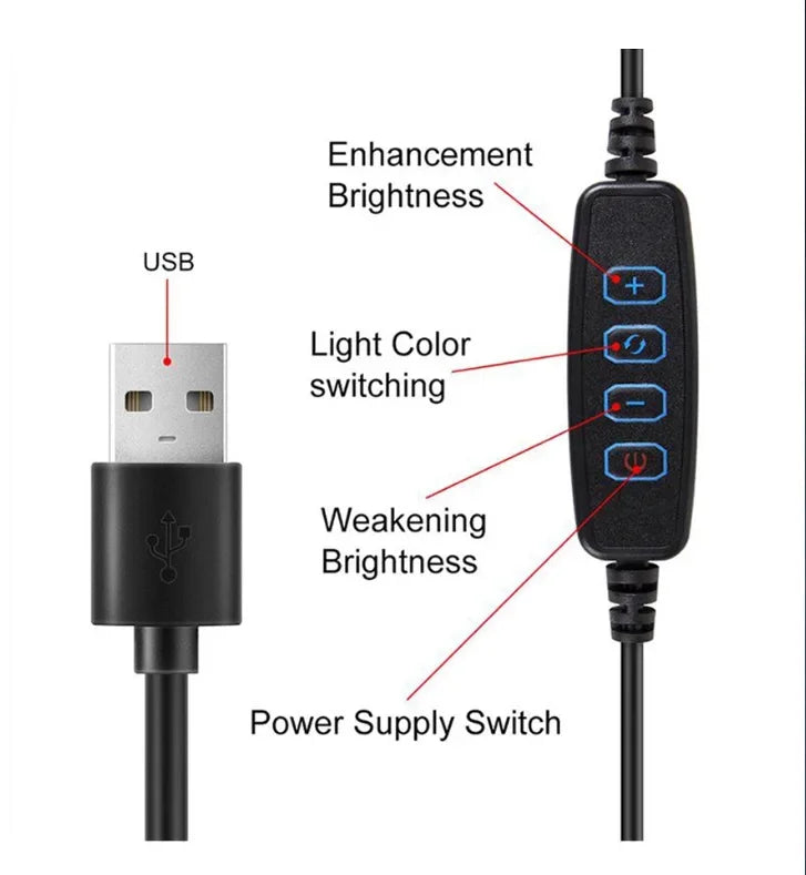 LED Ringljus med Stativ – 16/26/30 cm – USB – 10 Ljuslägen – För Makeup & Video