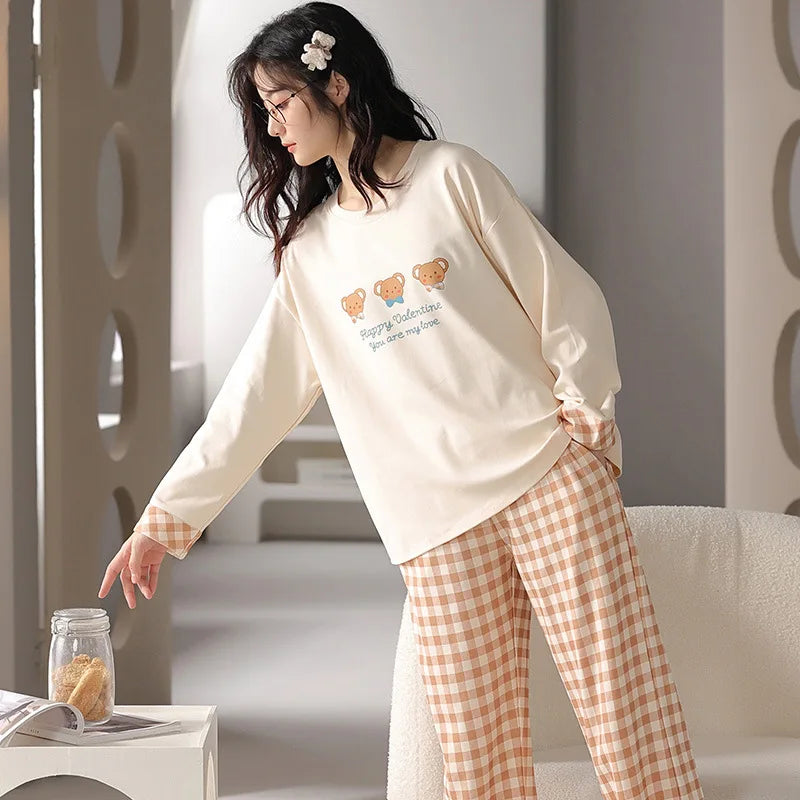 🛌 100% Kammad Bomull Pyjamas för Kvinnor – Höst/Vinter – Söt Tecknad Design – Långärmad & Långbyxor
