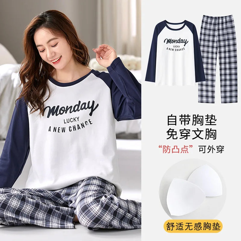 🌸 Koreansk Pyjamas för Kvinnor – Blommigt Tryck – Bomullsblandning med Korsett – Långärmad & Långbyxor