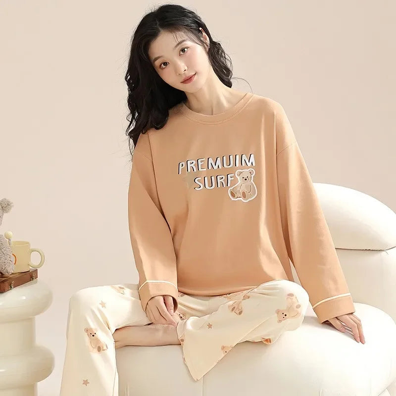 🛌 100% Kammad Bomull Pyjamas för Kvinnor – Höst/Vinter – Söt Tecknad Design – Långärmad & Långbyxor