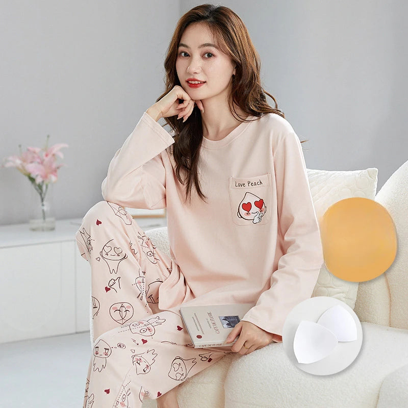 🌸 Koreansk Pyjamas för Kvinnor – Blommigt Tryck – Bomullsblandning med Korsett – Långärmad & Långbyxor