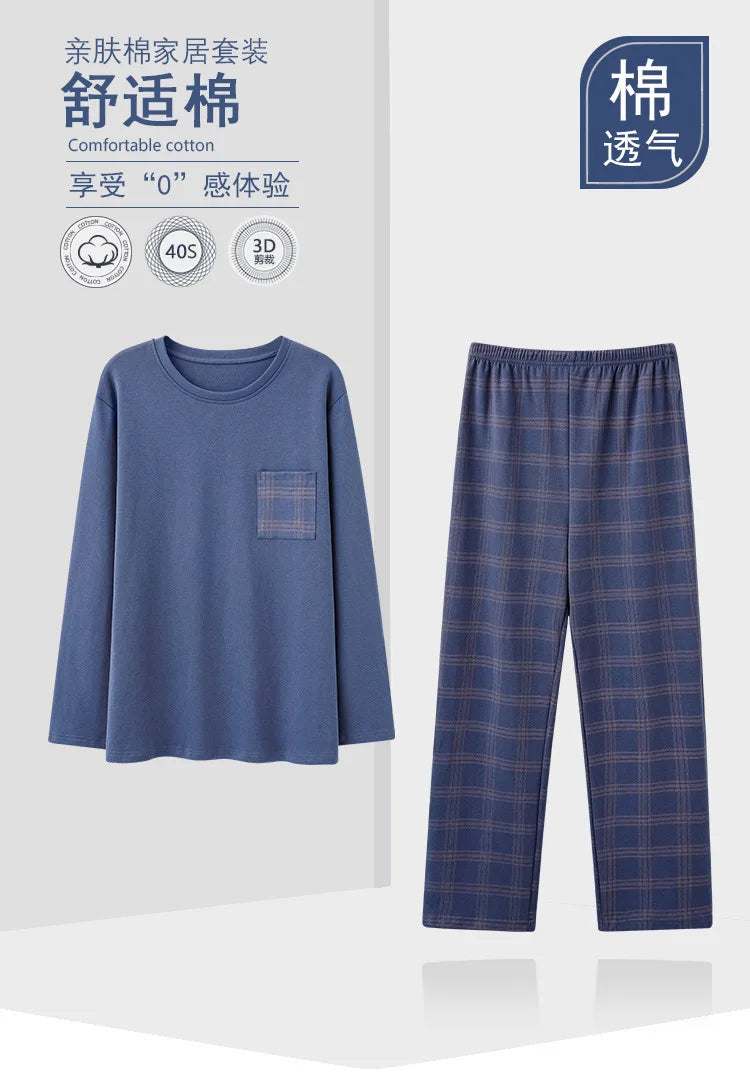 Herrpyjamas i 100% Bomull – 2-delad Set – Patchwork Design – Långärmad & Byxor – Vår/Höst/Vinter
