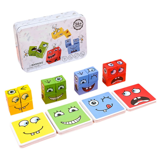 Datgo Träpussel – Ansiktsuttryck & Byggklossar – Montessori Spel för Barn