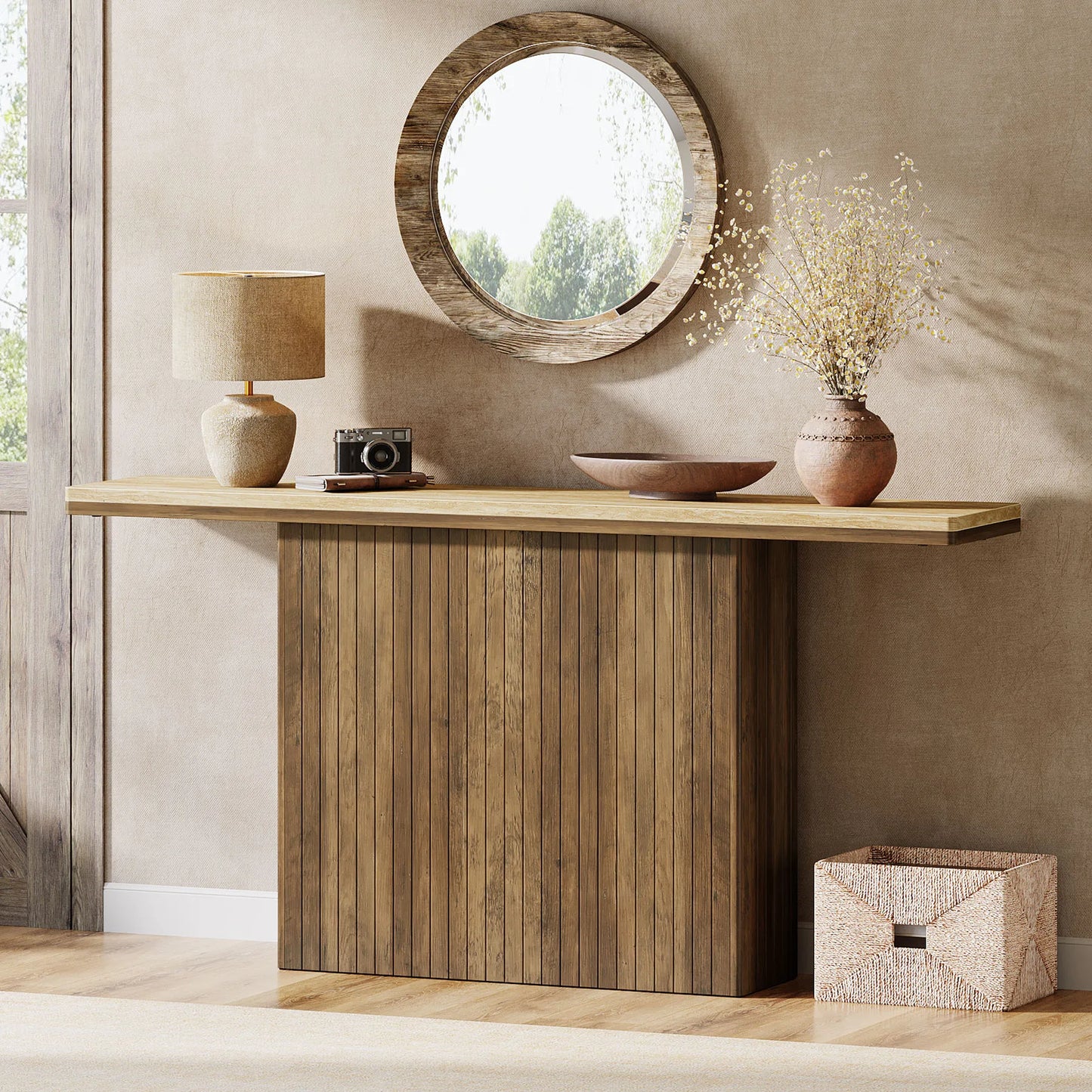 Tribesigns Konsolbord 160 cm – Lantlig Räfflad Design i Naturträ