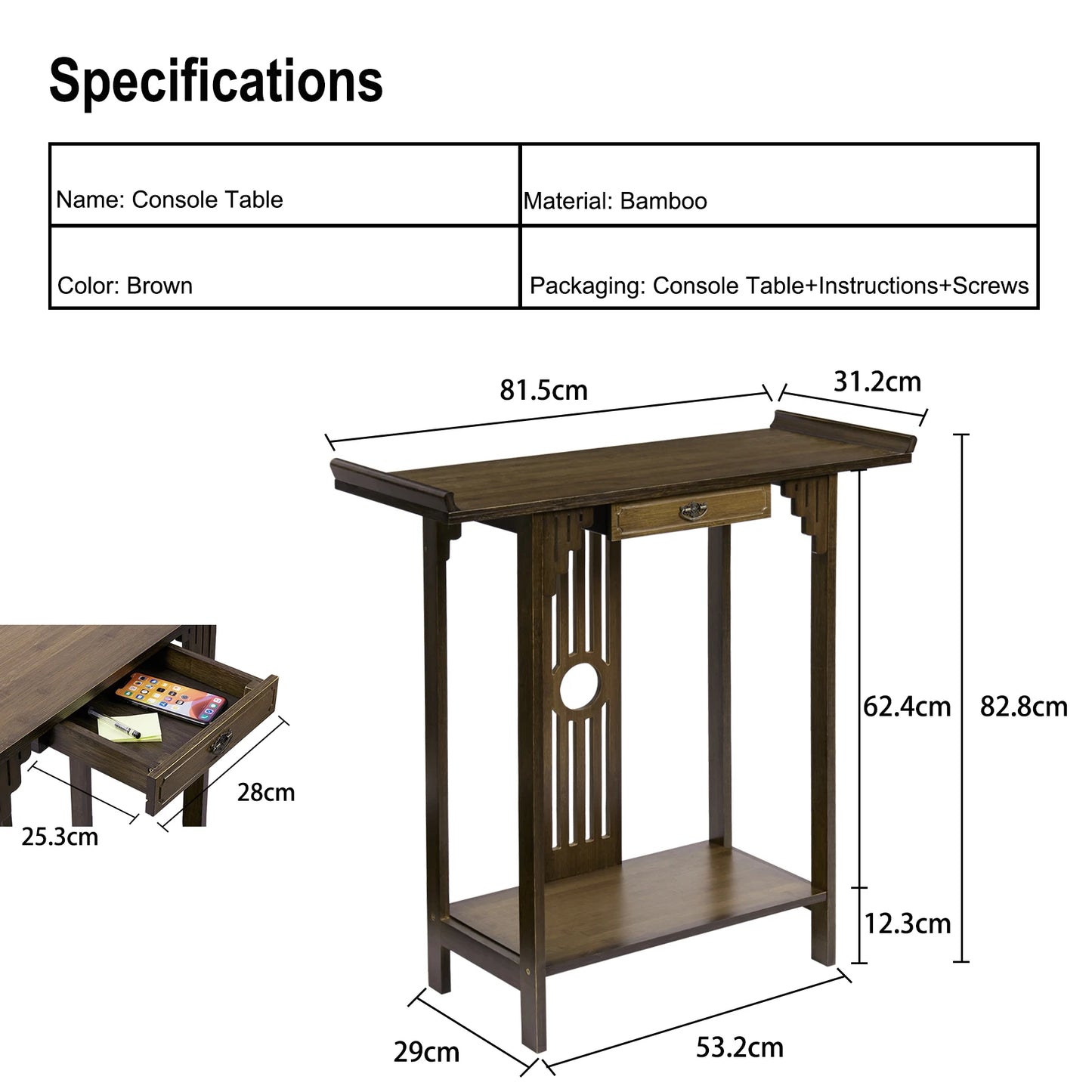 Klassisk Kinesisk Konsolbord – Bambumaterial – Med Låda & Hylla – 81.5×31.2×82.8 cm