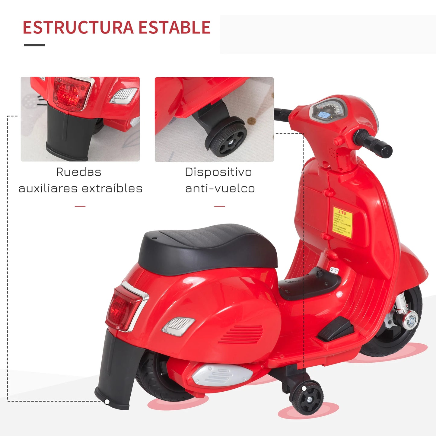 đ” HOMCOM Elektrisk Vespa för Barn â 18â36 MĂ„nader â Med StrĂ„lkastare & Tuta â 66.5Ă38Ă52 cm