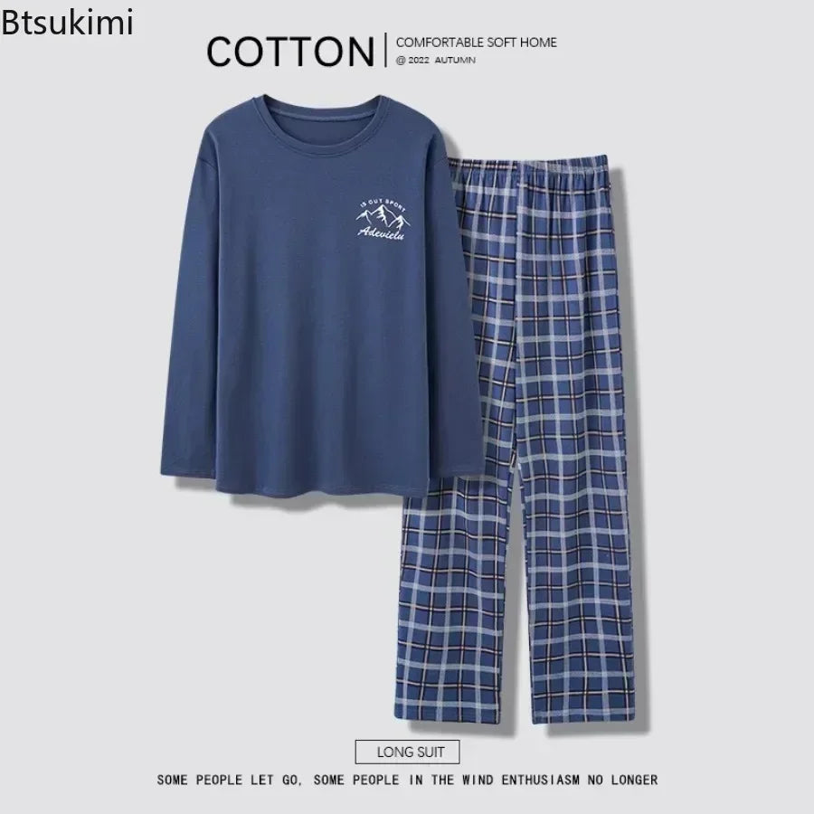 Herrpyjamas i 100% Bomull – 2-delad Set – Patchwork Design – Långärmad & Byxor – Vår/Höst/Vinter