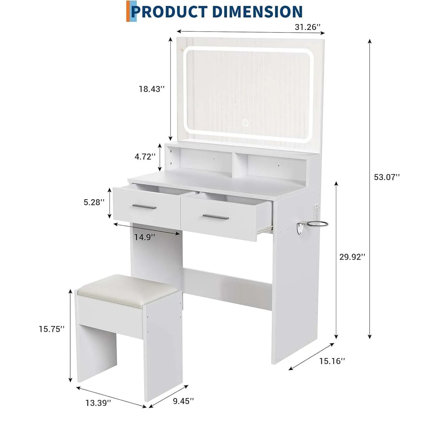 Sminkbord med LED-spegel & Eluttag – Komplett Set med Pall & Hårfönhållare
