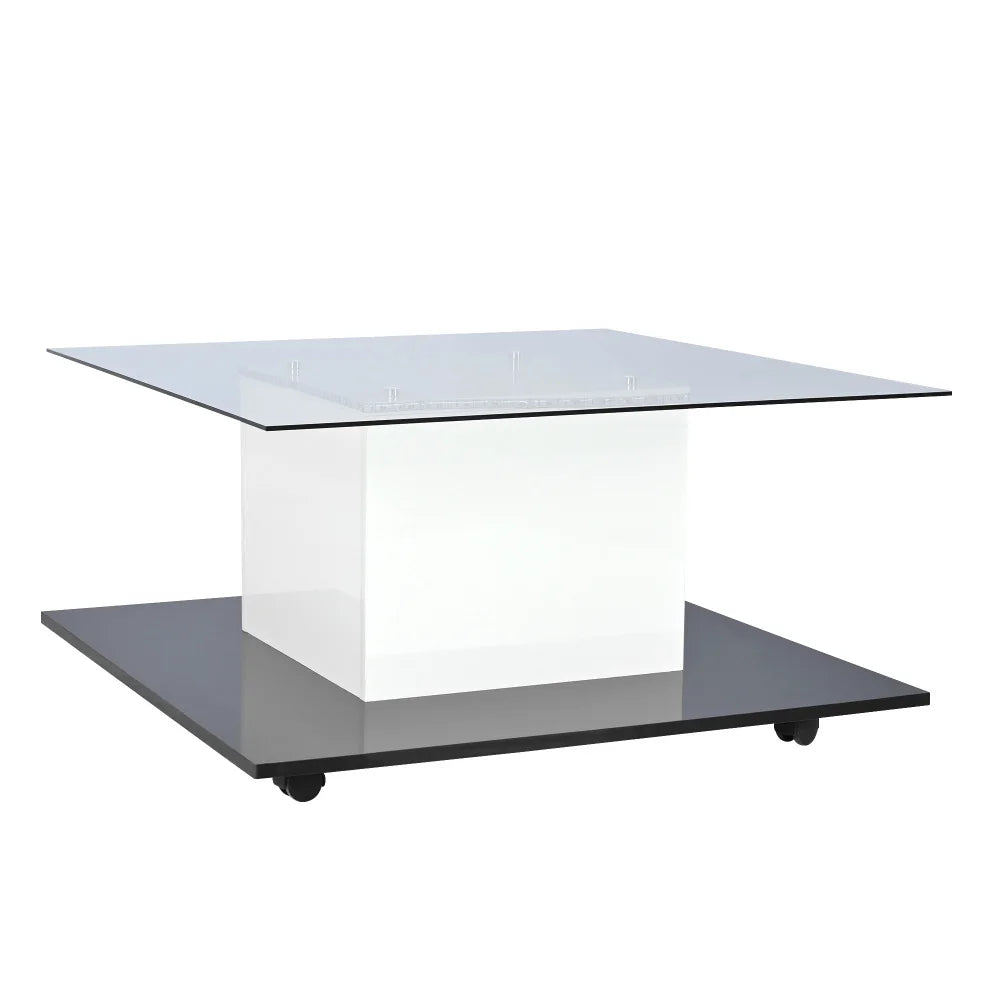 Modern Mobil Kaffebord med LED – Högblank Glasdesign – Svart & Vit – För Vardagsrum