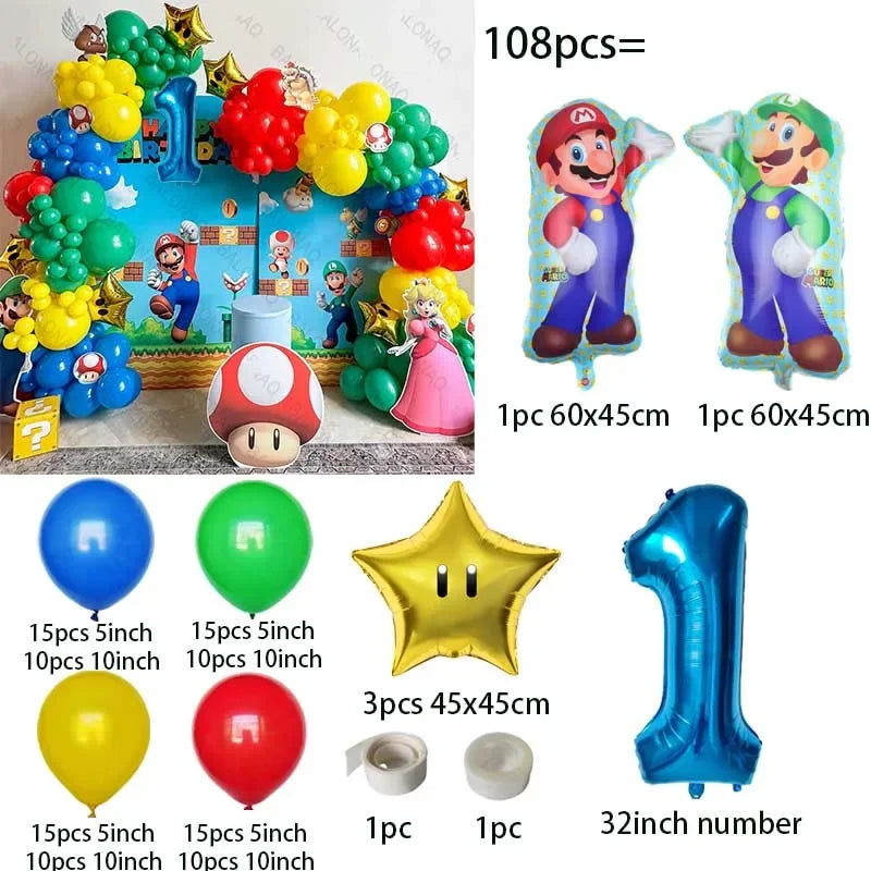 đ Ballongkit 108-pack â Super Bros Mario Tema â Röd, Gul, BlĂ„, Grön â För Barnkalas