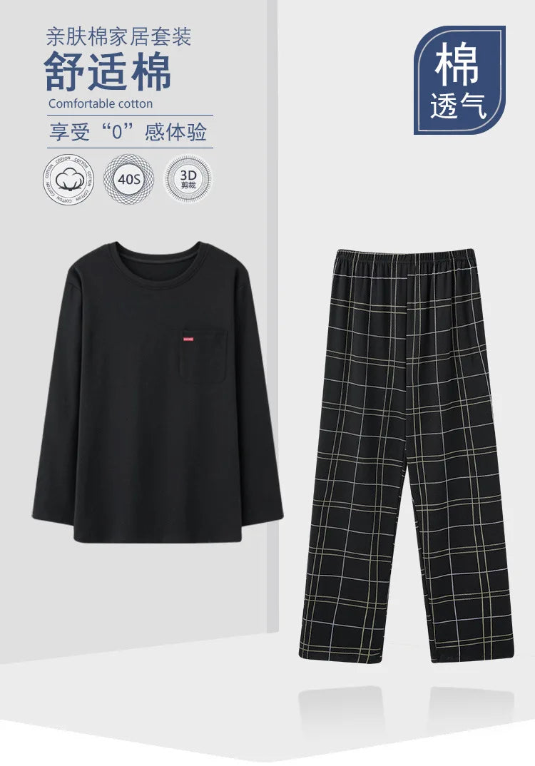 Herrpyjamas i 100% Bomull – 2-delad Set – Patchwork Design – Långärmad & Byxor – Vår/Höst/Vinter