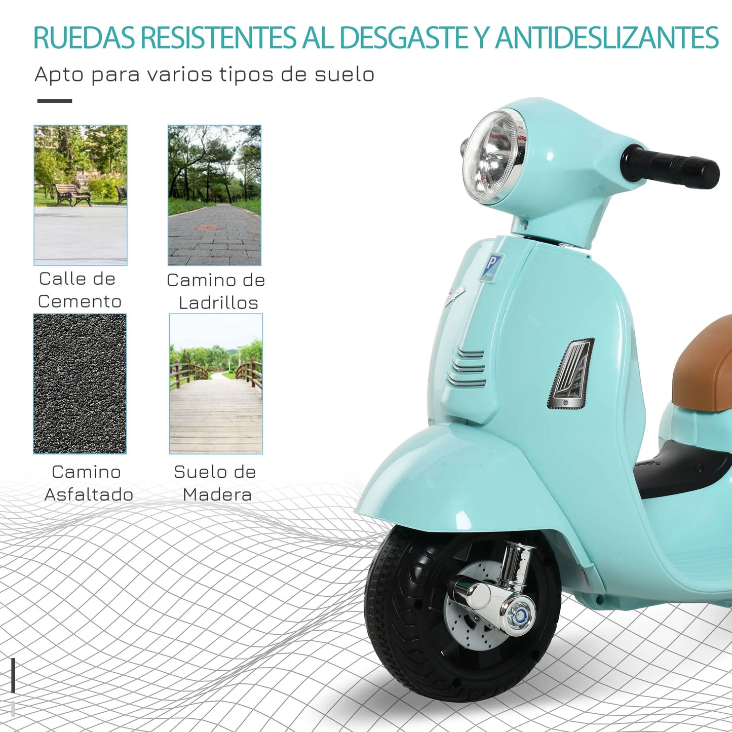 đ” HOMCOM Elektrisk Vespa för Barn â 18â36 MĂ„nader â Med StrĂ„lkastare & Tuta â 66.5Ă38Ă52 cm