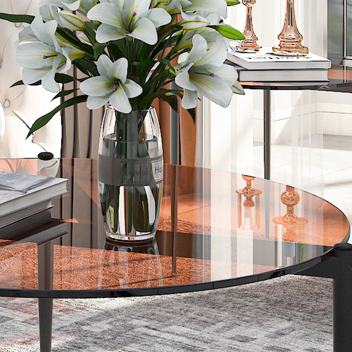 Runt Sidobord i Härdat Glas – Modern Design med Metallben – 80×40 cm