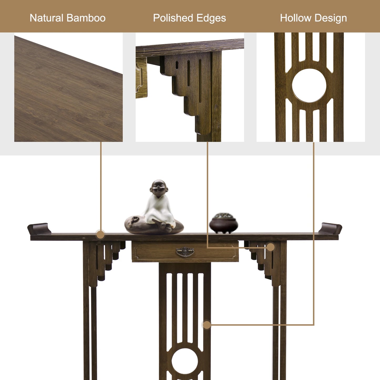 Klassisk Kinesisk Konsolbord – Bambumaterial – Med Låda & Hylla – 81.5×31.2×82.8 cm