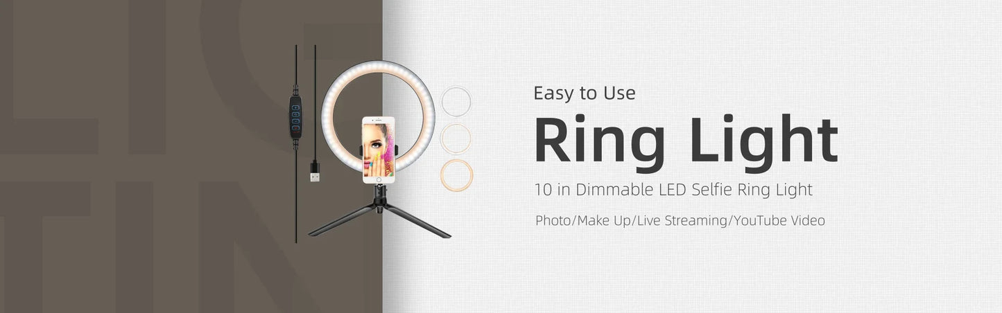LED Ringljus med Stativ – 16/26/30 cm – USB – 10 Ljuslägen – För Makeup & Video