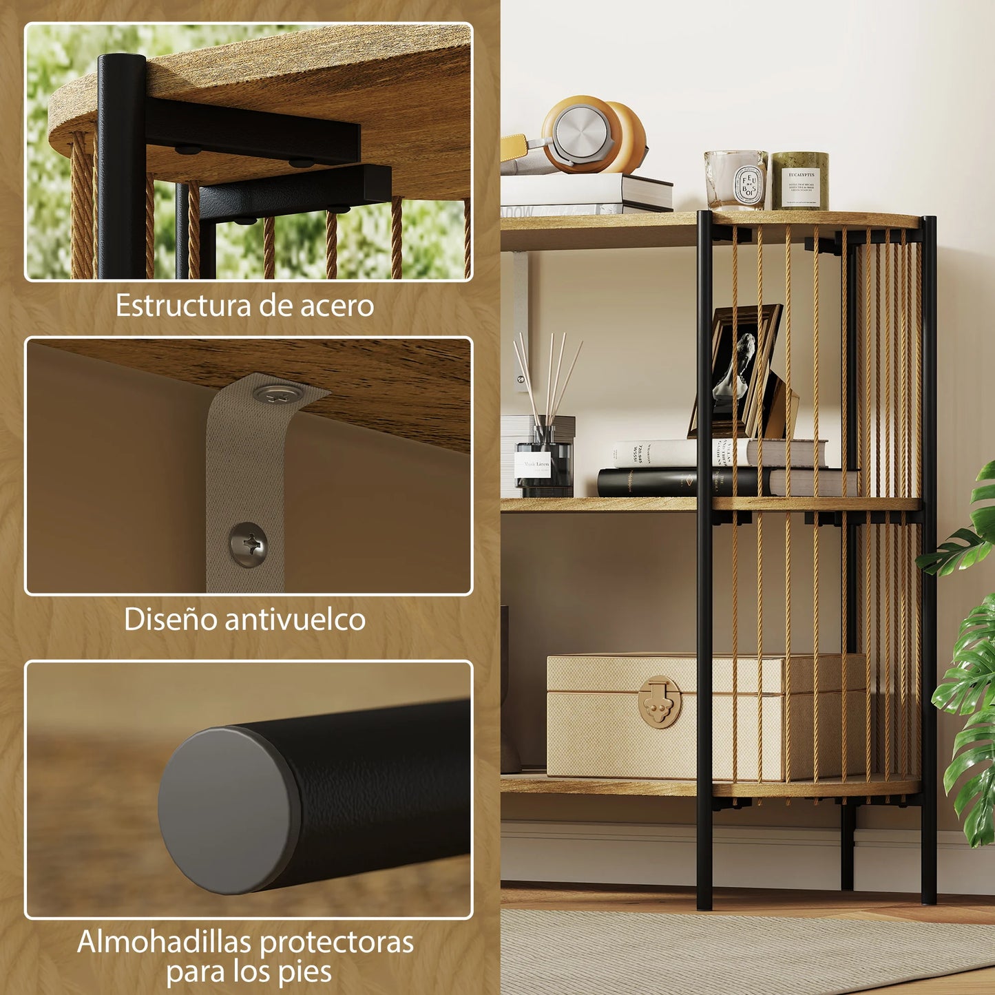 HOMCOM Konsolbord – Bohemisk Design med Handflätade Sidor & 3 Hyllplan