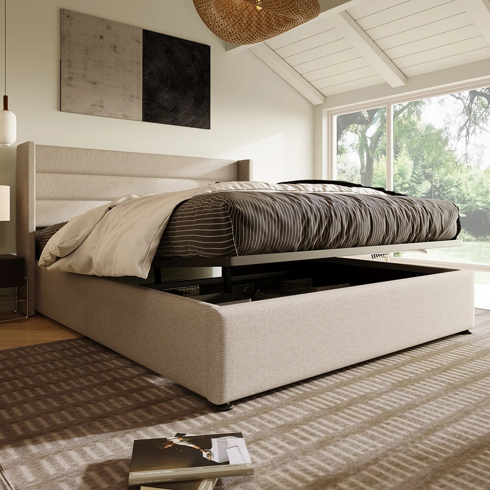 KOMHTOM Förvaringssäng 140×200 cm – Beige Linne