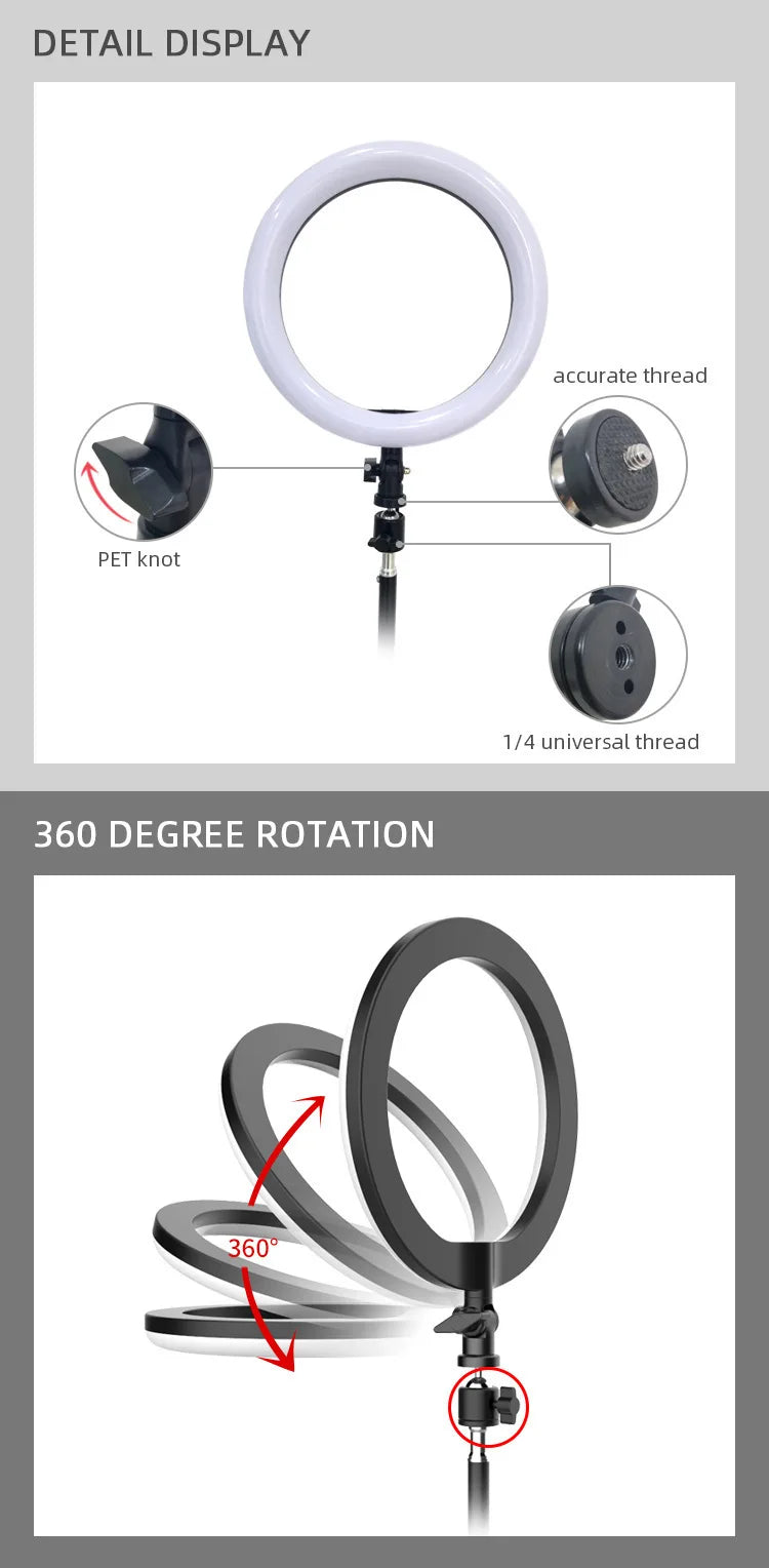 LED Ringljus med Stativ – 16/26/30 cm – USB – 10 Ljuslägen – För Makeup & Video