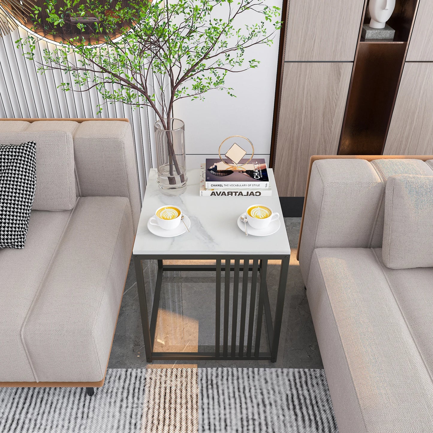 đȘ BINGOPAW Sidobord i Marmorlook â 40Ă40Ă45 cm â Vit & Svart â Modern Minimalistisk Design