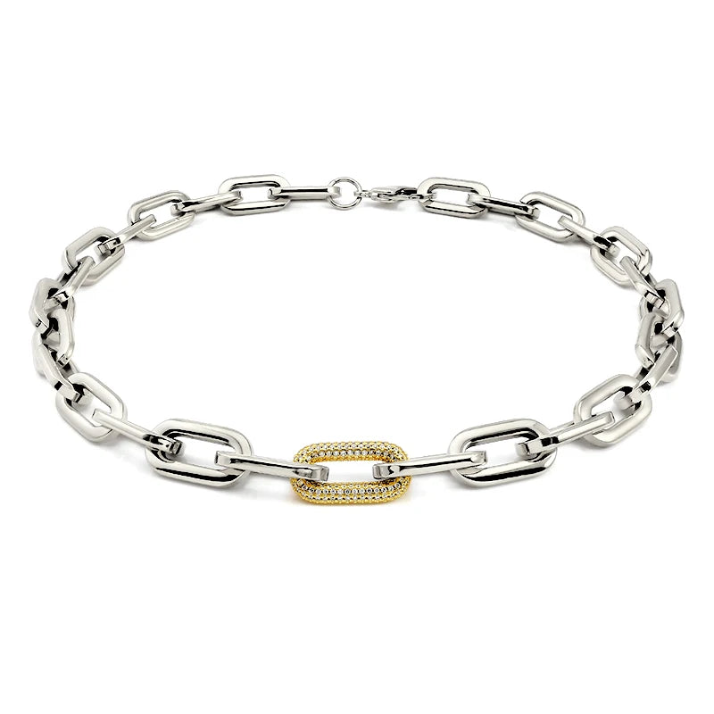 Tjock Länk-Kedjehalsband med Kristaller – 316L Rostfritt Stål – Guld & Silver – Unisex Hiphop Stil