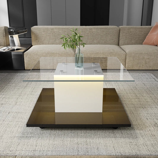 Modern Mobil Kaffebord med LED – Högblank Glasdesign – Svart & Vit – För Vardagsrum