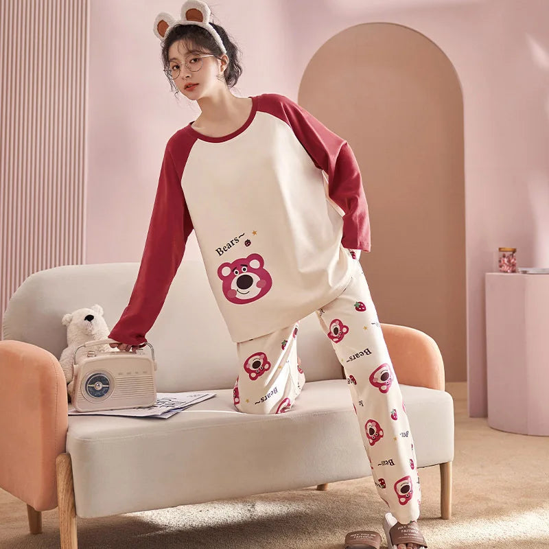🛌 100% Kammad Bomull Pyjamas för Kvinnor – Höst/Vinter – Söt Tecknad Design – Långärmad & Långbyxor