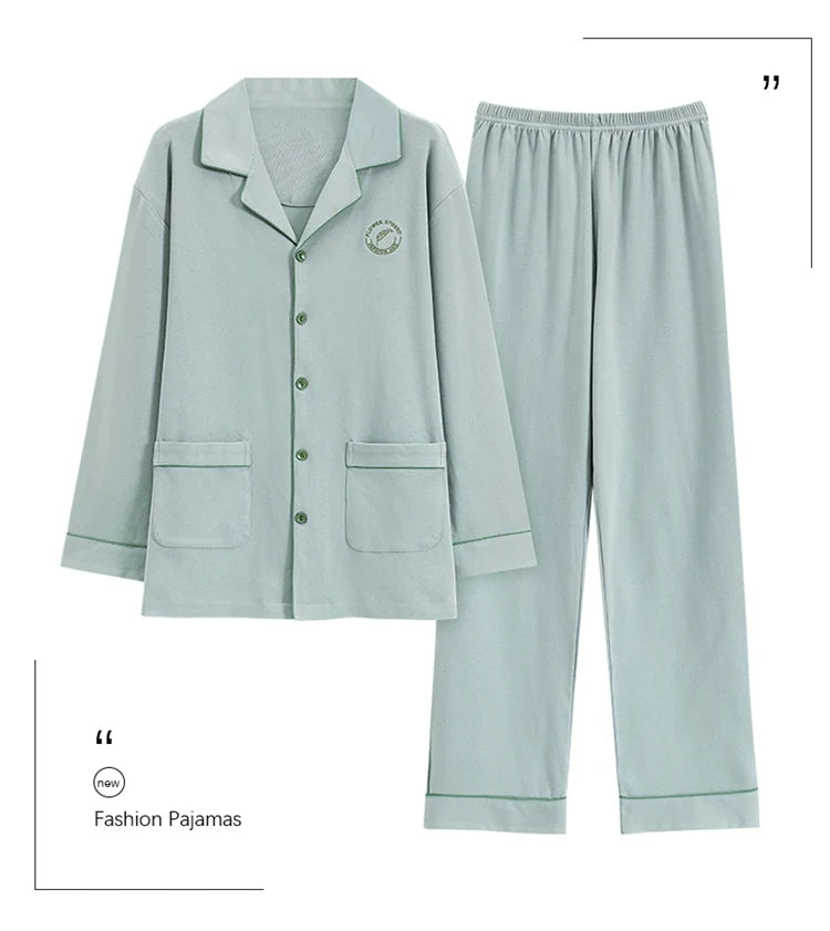 100% Bomull Parpyjamas – Höst/Vinter – Långärmad & Lös Passform – Koreansk Stil