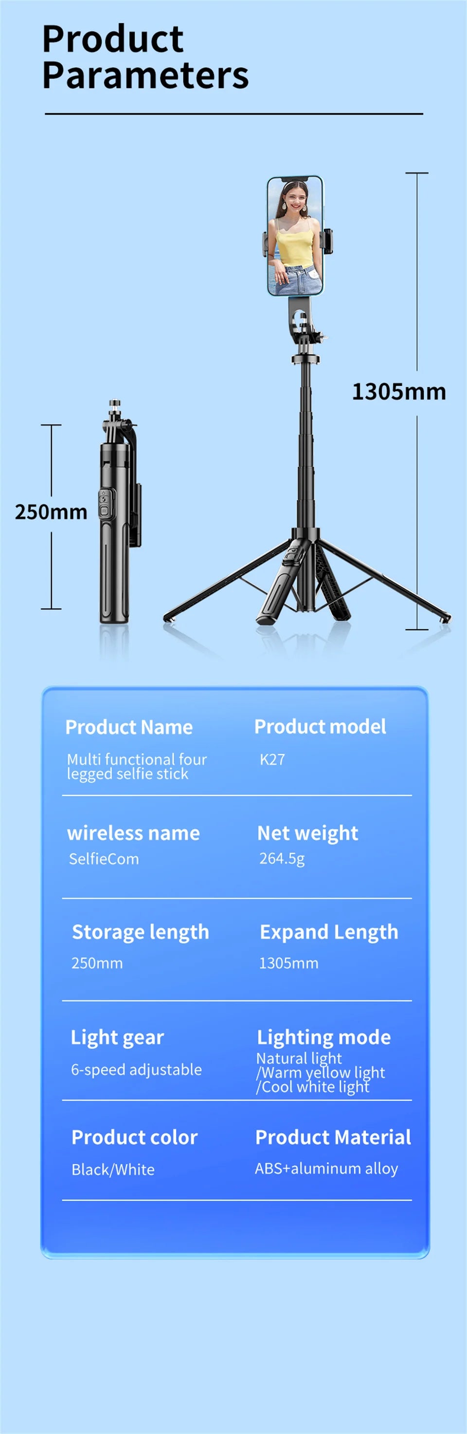 FANGTUOSI 2025 Bluetooth Selfie-stativ – 130 cm, 4-bens Design med Fjärrkontroll