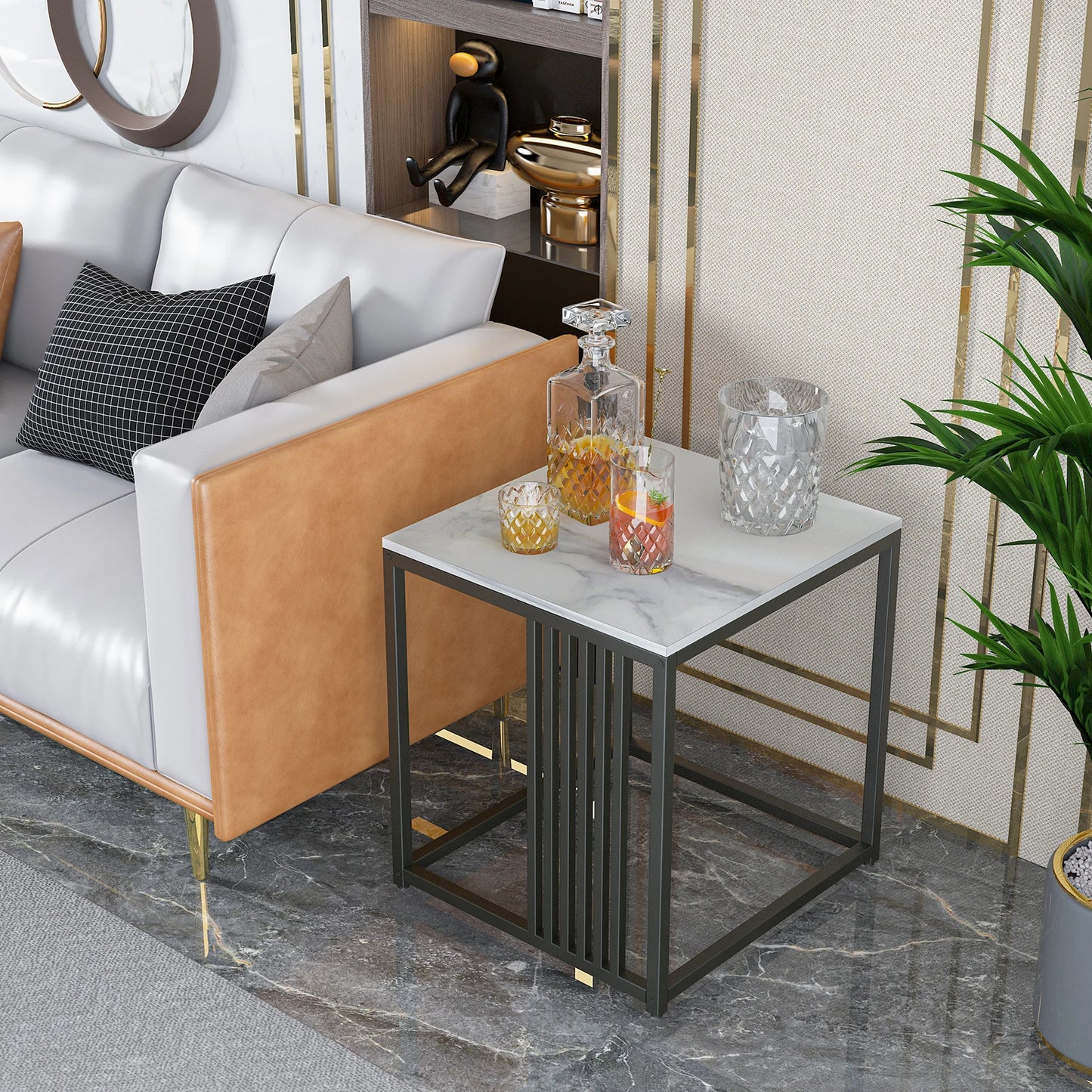 đȘ BINGOPAW Sidobord i Marmorlook â 40Ă40Ă45 cm â Vit & Svart â Modern Minimalistisk Design