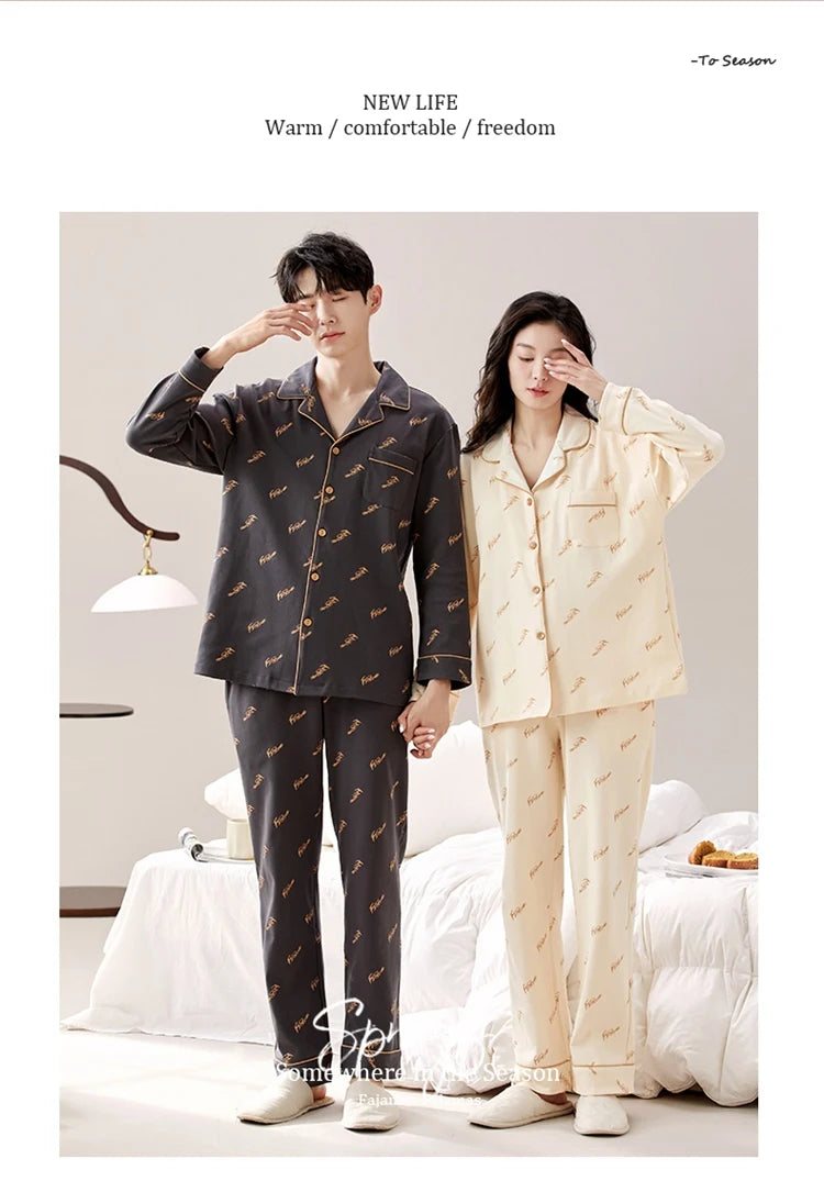 100% Bomull Parpyjamas – Höst/Vinter – Långärmad & Lös Passform – Koreansk Stil