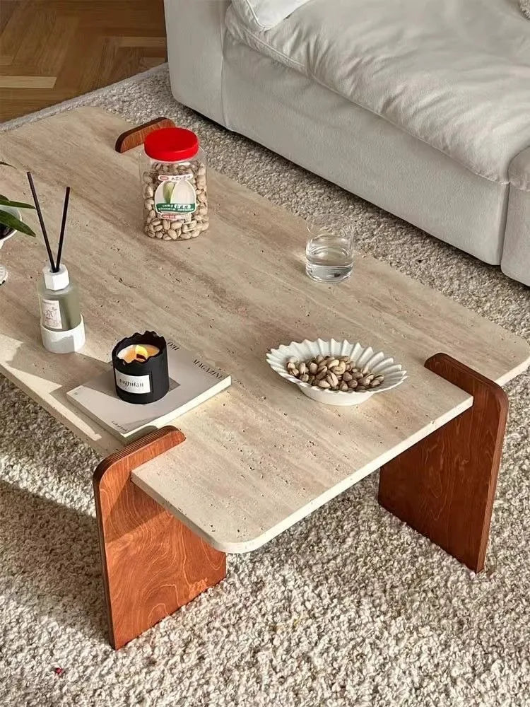 ☕ Nordiskt Soffbord – Rektangulärt Bord i Massivt Trä & Stenfinish