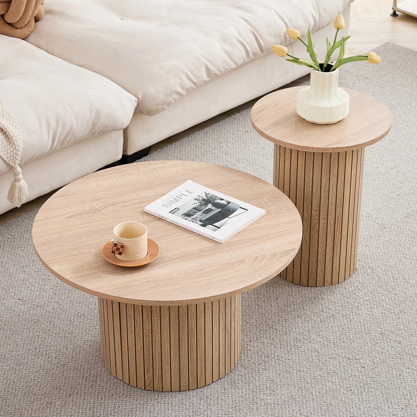 Set med 2 Runda Soffbord i Nordisk Stil – Trälook / Marmormönster