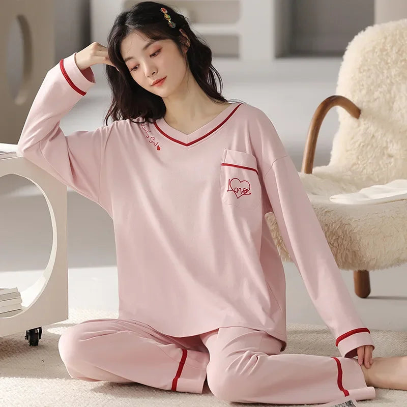 🛌 100% Kammad Bomull Pyjamas för Kvinnor – Höst/Vinter – Söt Tecknad Design – Långärmad & Långbyxor