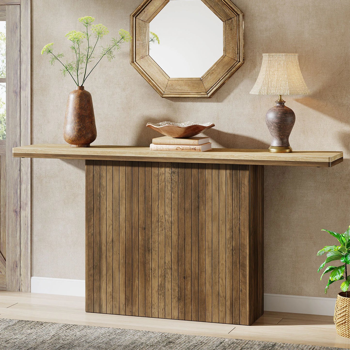 Tribesigns Konsolbord 160 cm – Lantlig Räfflad Design i Naturträ