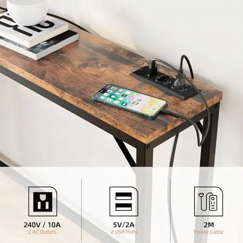 đ Smalt Konsolbord med Eluttag & USB â 100Ă23Ă80 cm â Vintage Brun/GrĂ„ â För Hall & Vardagsrum