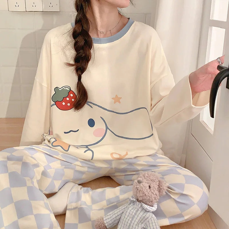 🛌 100% Kammad Bomull Pyjamas för Kvinnor – Höst/Vinter – Söt Tecknad Design – Långärmad & Långbyxor